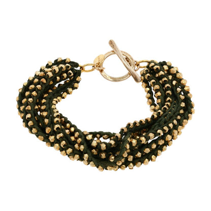Sterling Silver Green Braided Cord With Gold Vermeil Beads Bracelet