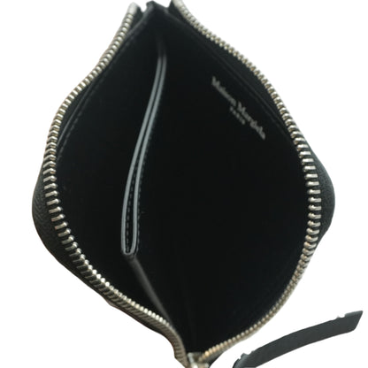 Black Grained Leather Four Stitches Zip Wallet