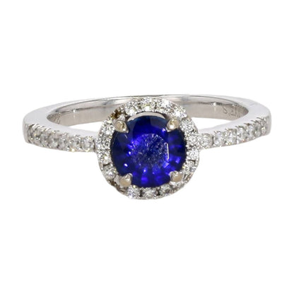 18K White Gold Ring with Dark Blue Round Center & Diamond Accented Shank