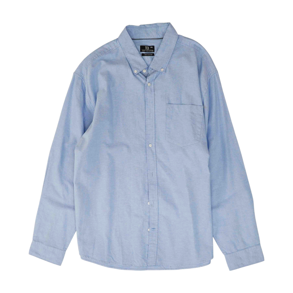 Blue Solid Long Sleeve Button Down