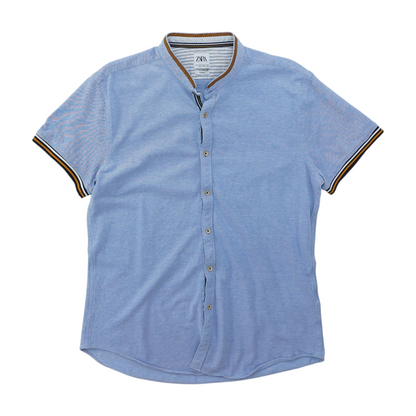 Blue Solid Short Sleeve Button Down
