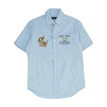 Blue Solid Short Sleeve Button Down