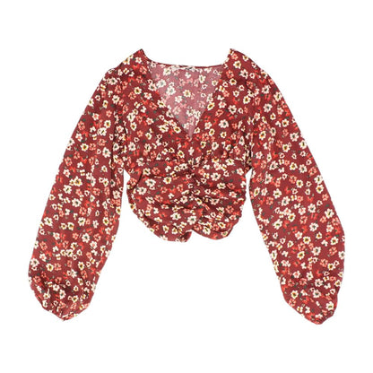 Maroon Floral Long Sleeve Blouse