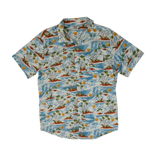 Blue Graphic Short Sleeve Button Down