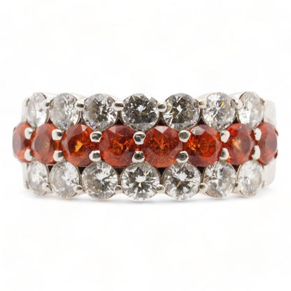 14K White Gold Three Round Row Diamond And Orange Stone Band