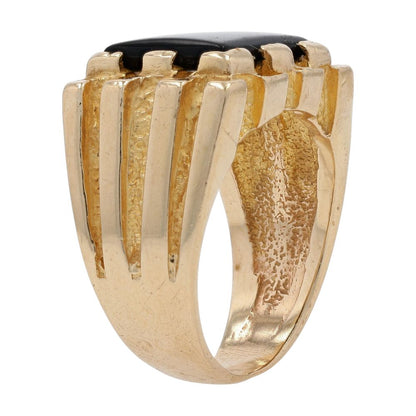 14K Gold Rectangle Black Stone Grooved Signet Ring