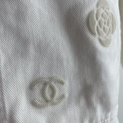 Spring 2021 White Embossed Interlocking CC & Camellia Accent Denim Jacket