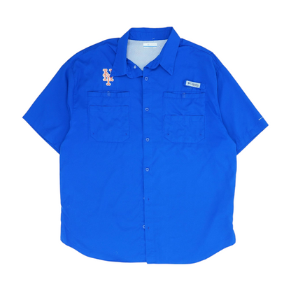 Blue Solid Short Sleeve Button Down