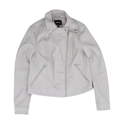 Beige Solid Faux Leather Jacket