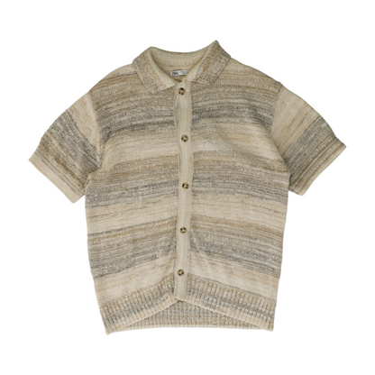 Beige Striped Short Sleeve Button Down