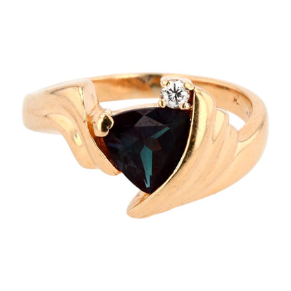14K Gold Color Change Trillion Cut Center Stone With Diamond Accent Ring