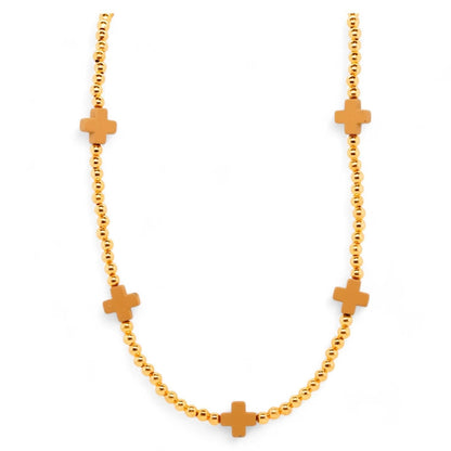 Gold Tone Ball Bead With Brown Crosses Necklace