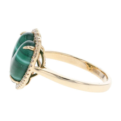 5 Ct 14K Gold Malachite Heart With Diamond Accented Halo Cocktail Ring