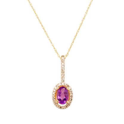 10K Gold Oval Amethyst With Diamond Halo Pendant Necklace