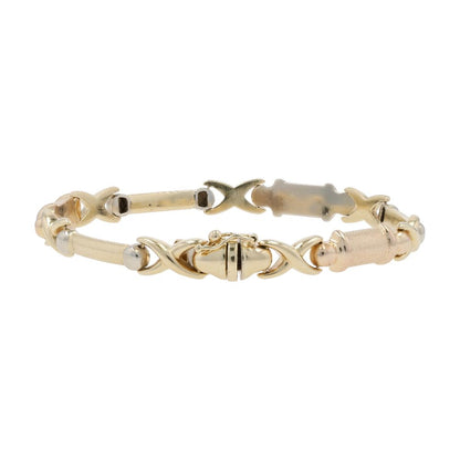 14K Gold X's And Textured Bar Link Bracelet