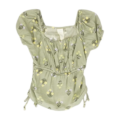 Green Floral Short Sleeve Blouse