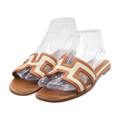 Noisette & Beige Dore Oran Sandals in Calfskin & Canvas