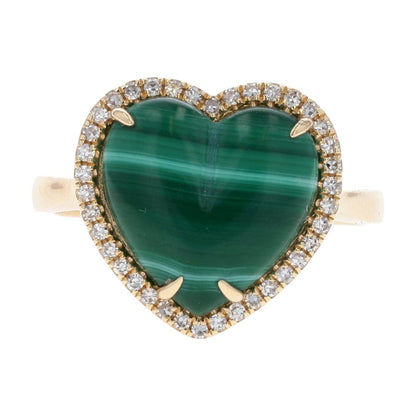 5 Ct 14K Gold Malachite Heart With Diamond Accented Halo Cocktail Ring