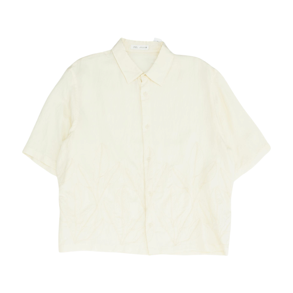 Beige Solid Short Sleeve Button Down