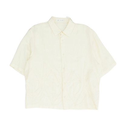Beige Solid Short Sleeve Button Down