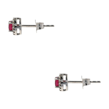 10K White Gold Round Ruby Center With Diamond Halo Cluster Earrings