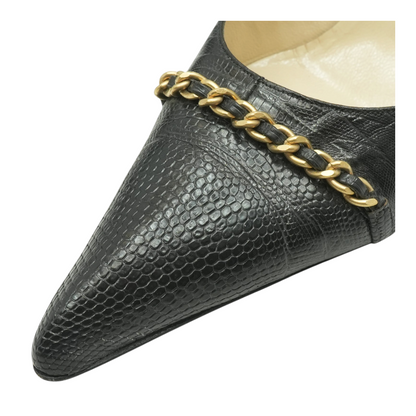 Lizard Embossed Gold Chain Accent Pointed Toe Pumps