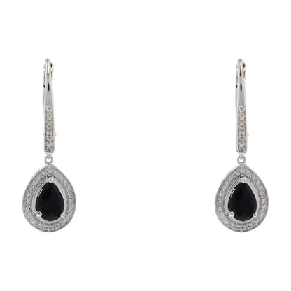 3/4 Ct 10K White Gold Pear Onyx Center With Diamond Halo Dangle Earrings