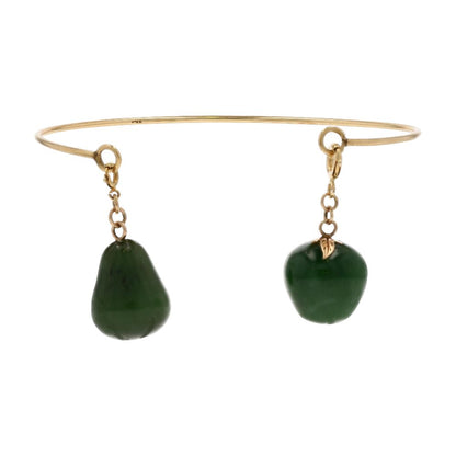 14K Gold With Carved Pear And Apple Stone Charms Cuff Bracelet