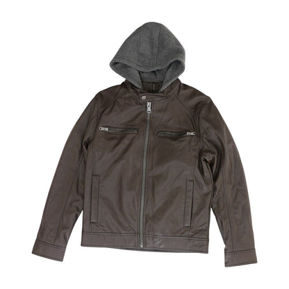 Brown Solid Faux Leather Jacket