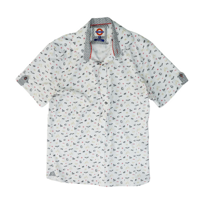 White Print Short Sleeve Button Down