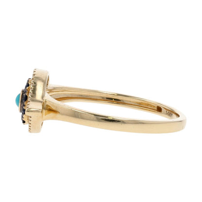 14K Gold Diamond, Sapphire, And Turquoise Eye Motif Cocktail Ring