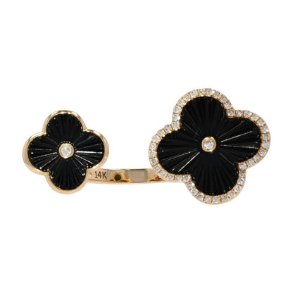 14K Gold Double Clover Onyx With Diamond Accent Open Shank Cocktail Ring