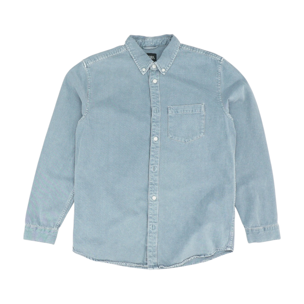 Blue Solid Long Sleeve Button Down