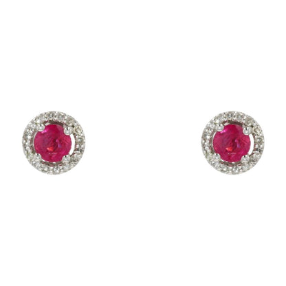 10K White Gold Round Ruby Center With Diamond Halo Cluster Earrings