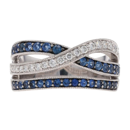 1/4 Ct 14K White Gold Round Diamond And Blue Stone Crossover Band