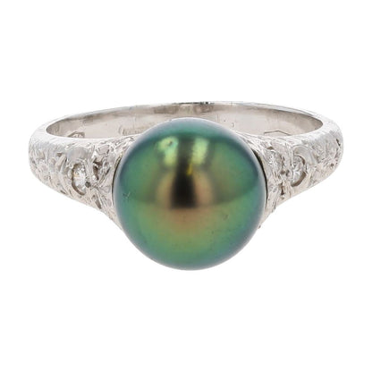 18K White Gold Tahitian Pearl Florentine With Diamond Accents Cocktail Ring
