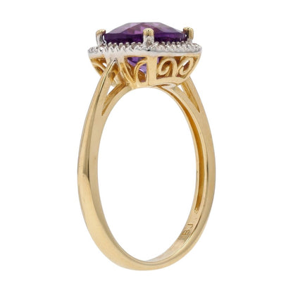 10K Gold Faceted Top Round Amethyst Center With Diamond Halo Cocktail Ring