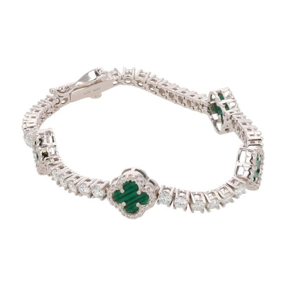 Sterling Silver Malachite Clover Stations With Moissanite Accent Link Bracelet