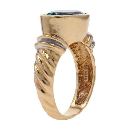 14K Two Tone Gold Side To Side Oval Blue Stone In Beveled Setting Cocktail Ring
