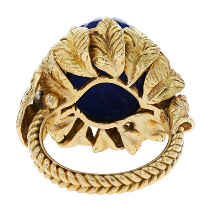 18K Gold Carved Lapis In Leaf Setting With Diamond Accents Cocktail Ring