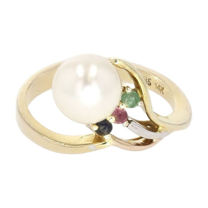 14K Two Tone Gold Cultured Pearl With Multi Color Accent Stones Cocktail Ring