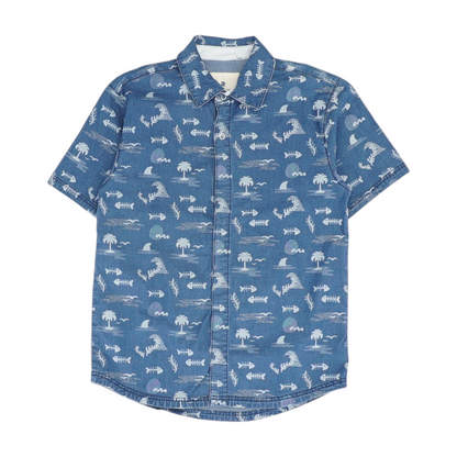 Navy Graphic Short Sleeve Button Down