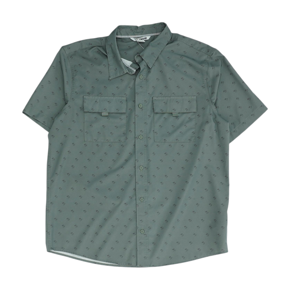 Green Print Short Sleeve Button Down