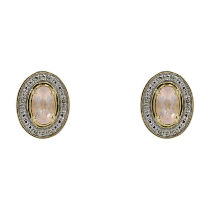 10K Gold Oval Cut Rose Quartz Center With Diamond Halo Cluster Earrings