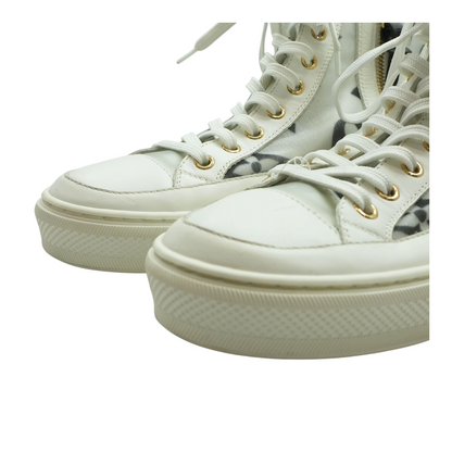 White and Black Mesh and Leather High-Top LV Sneakers