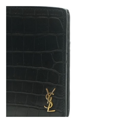 Black Tiny Cassandre Credit Card Wallet in Crocodile-Embossed Matte Leather
