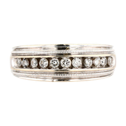 14K White Gold Round Channel Set Diamond Band With Milgrain Edging