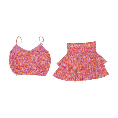 Pink Floral Cropped Blouse and Skirt Set