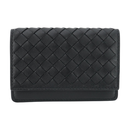 Black Intrecciato Leather Flap Business Card Wallet