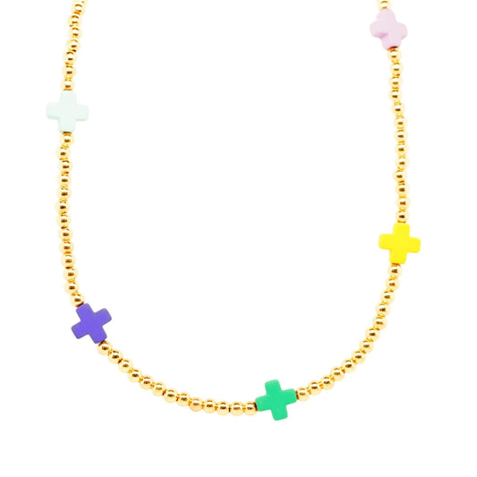 Gold Tone Ball Chain With Multi Color Crosses Necklace